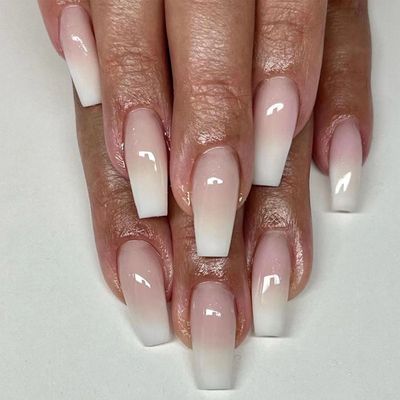 Coffin Press on Nails Medium Fake Nails with Daily Wear Simple Designs Pink &amp; White Gradient Full Cover Glue on Nails Glossy False Nails Press ons for Women 24 Pcs