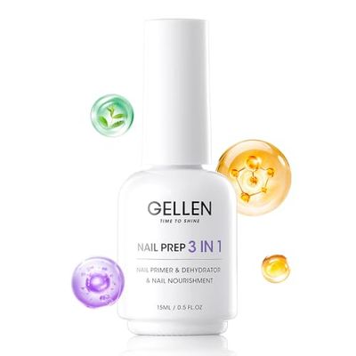 GELLEN Nail Primer and Dehydrator, 3-in-1 Acid-free Nourishing Nail Prep for Gel &amp; Acrylic Nails, Gentle with Squalane VE Promote Health, 15ML 3s Air Dry Dehydrate Long-lasting Nail Art Supplies