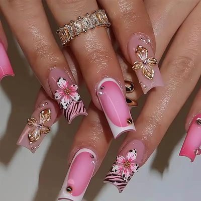 Gleamrain Long Square Press on False Nails for Women with 3d Coat Design Fake Nails Flower Glue on acrylic Nails 24pcs