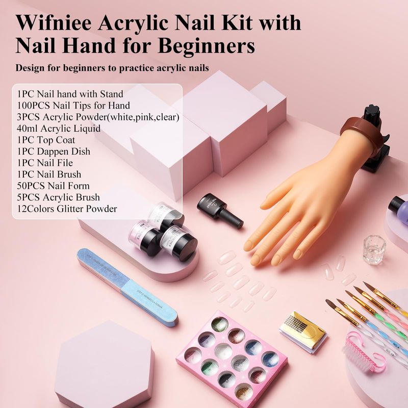 Wilfniee Practice Hand for Acrylic Nails: Flexible Fake Hand with Stand Nails Kit Acrylic Set - Professional Nail Mannequin Hand for Beginners Salon Home