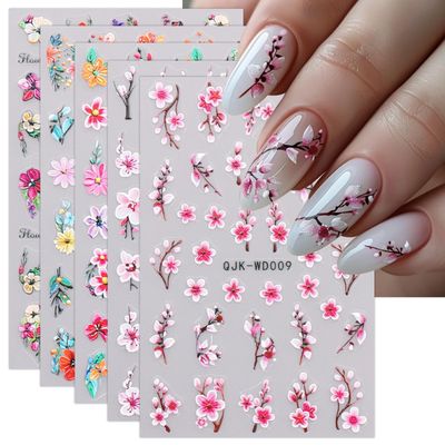JMEOWIO 6 Sheets Flower Nail Art Stickers Decals Self-Adhesive Spring Summer Floral Nail Supplies Nail Art Design Decoration Accessories