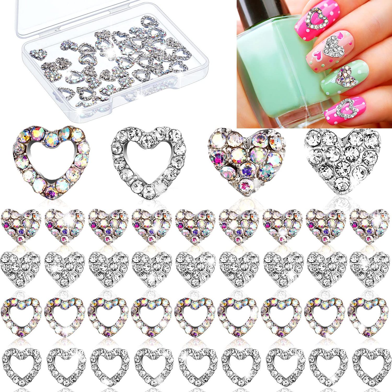 Leelosp 36 Pcs Heart Nail Charms for Nail Art, 3D Heart Rhinestone Decals Silver Crystal Charms Diamond Alloy Gems Decorations for Women Valentines Decoration