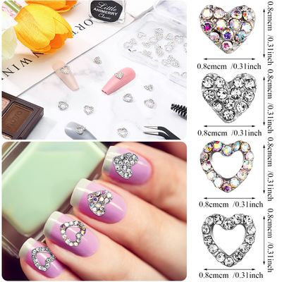 Leelosp 36 Pcs Heart Nail Charms for Nail Art, 3D Heart Rhinestone Decals Silver Crystal Charms Diamond Alloy Gems Decorations for Women Valentines Decoration