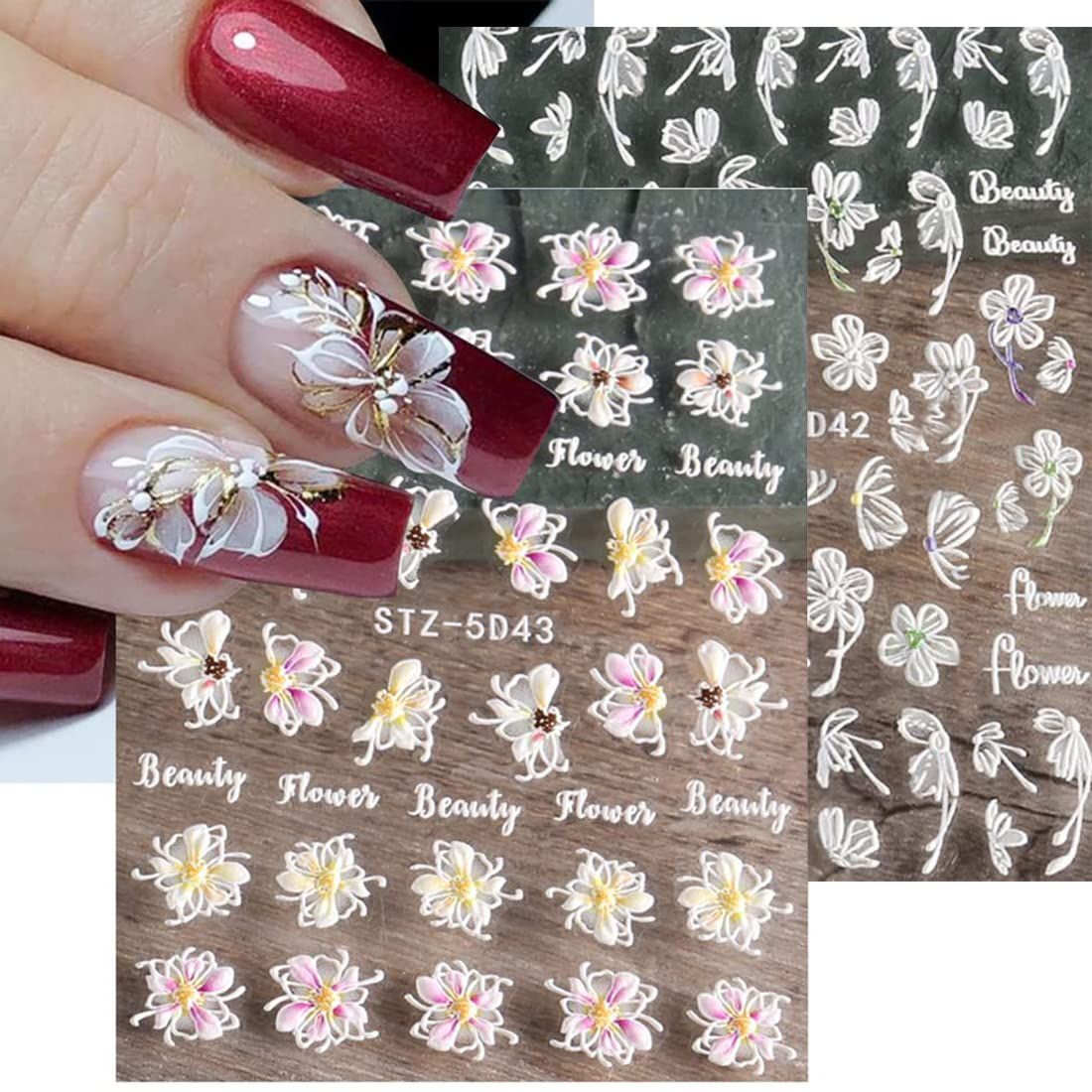 3D Embossed Spring Flower Nail Art Stickers Decals 4 Sheets 5D Self-Adhesive Pegatinas Uas Pink Cherry Blossoms Floral Nail Supplies Nail Art Design Decoration Accessories
