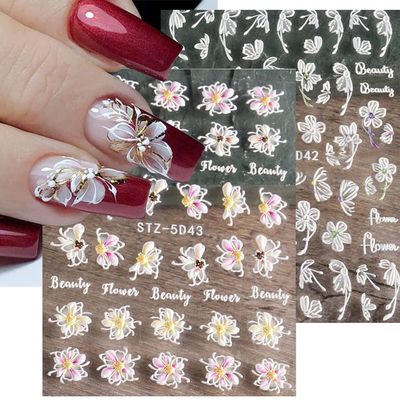 3D Embossed Spring Flower Nail Art Stickers Decals 4 Sheets 5D Self-Adhesive Pegatinas Uas Pink Cherry Blossoms Floral Nail Supplies Nail Art Design Decoration Accessories