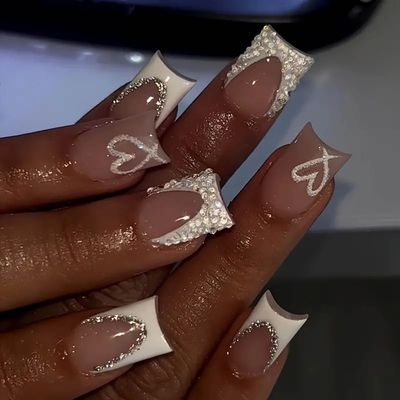 QQPPOLIU Nude Square Press on Nails Short Length,White French Tips Fake Nails with Rhinestones Design for Birthday/Bride/Holiday/Christmas/ValentineS Day/Women/Young