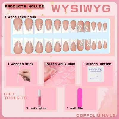 QQPPOLIU Nude Square Press on Nails Short Length,White French Tips Fake Nails with Rhinestones Design for Birthday/Bride/Holiday/Christmas/ValentineS Day/Women/Young