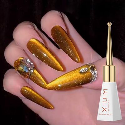 Gold Cat Eye Gel Nail Polish - Magnetic Glitter, Long Wear Shiny Reflective for Women, UV Gel Design, 10ML