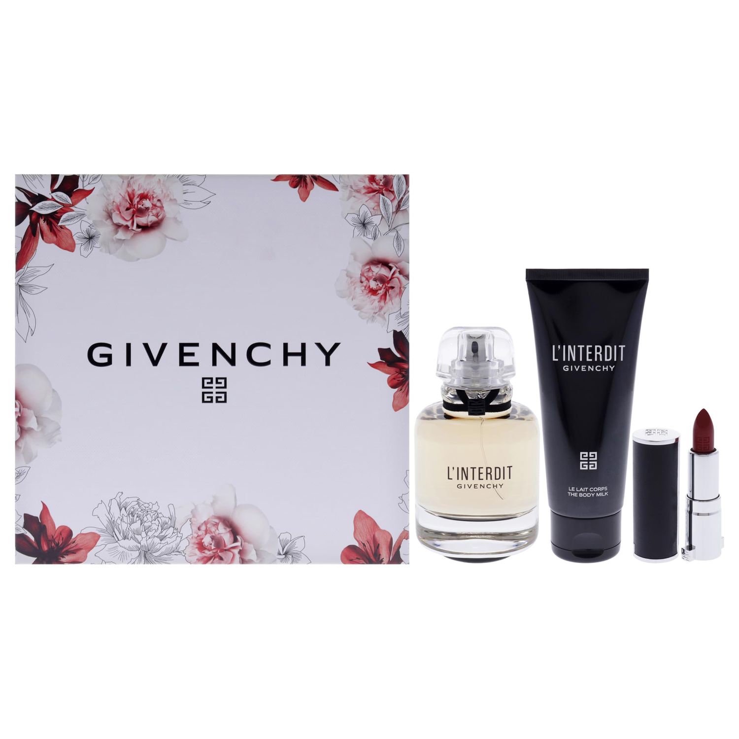 Givenchy LInterdit for Women - 3 Pc Gift Set 2.7oz EDP Spray, 2.5oz Body Milk, 0.05oz Lipstick