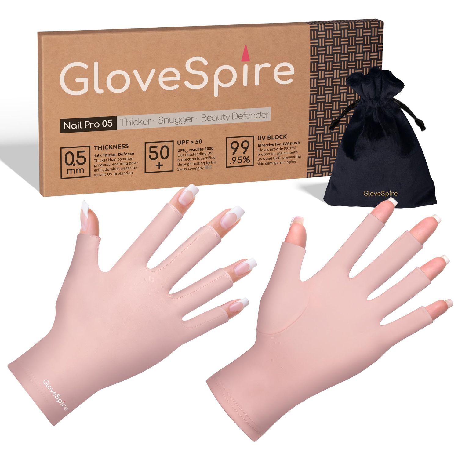GloveSpire Thickened UV Gloves for Nails, UPF50 UV Protection Gloves, Fingerless Design for Women Gel Manicures Anti UVA UVB Light(One Size Fits Most/Blush Pink)
