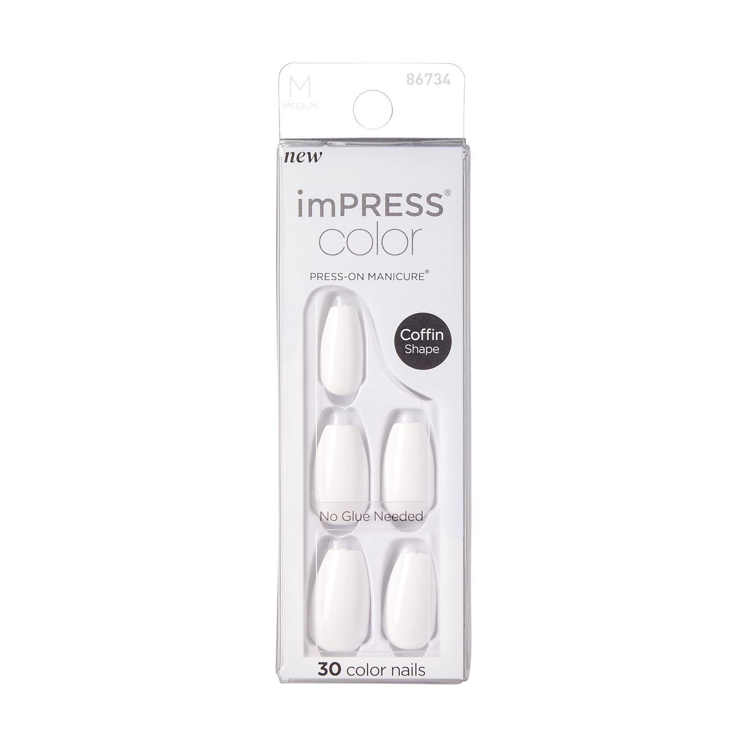 KISS imPRESS No Glue Mani Press On Nails, Color, Frosting, white, Medium Size, Coffin Shape, Includes 30 Nails, Prep Pad, Instructions Sheet, 1 Manicure Stick, 1 Mini File