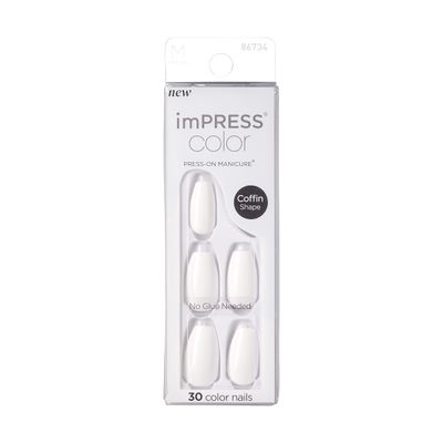 KISS imPRESS No Glue Mani Press On Nails, Color, Frosting, white, Medium Size, Coffin Shape, Includes 30 Nails, Prep Pad, Instructions Sheet, 1 Manicure Stick, 1 Mini File