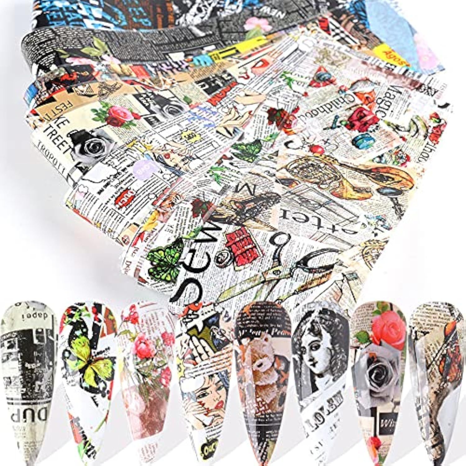 CHANGAR 10 Sheets Nail Foil Sticker Newspaper Magazine Style Transfer Decals Adhesive Stickers Starry Sky Manicure Tips Nail Art DIY Decoration