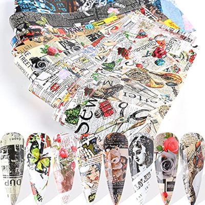 CHANGAR 10 Sheets Nail Foil Sticker Newspaper Magazine Style Transfer Decals Adhesive Stickers Starry Sky Manicure Tips Nail Art DIY Decoration