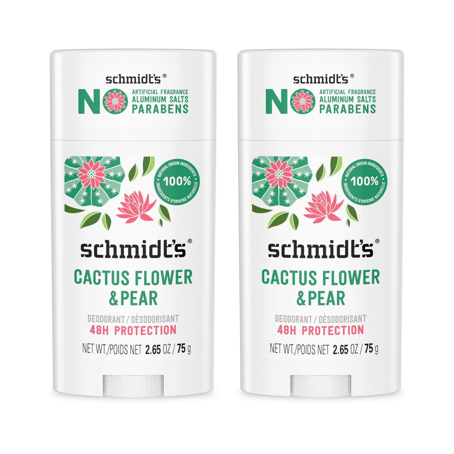 Schmidts Aluminum-Free Vegan Deodorant Cactus Flower &amp; Pear with 24-Hour Odor Protection, 2 Count for Women and Men, Natural Ingredients, Cruelty-Free, 2.65 oz