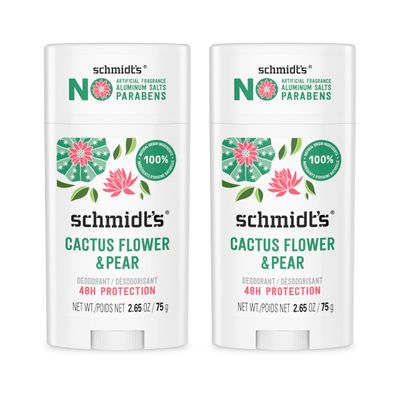 Schmidts Aluminum-Free Vegan Deodorant Cactus Flower &amp; Pear with 24-Hour Odor Protection, 2 Count for Women and Men, Natural Ingredients, Cruelty-Free, 2.65 oz