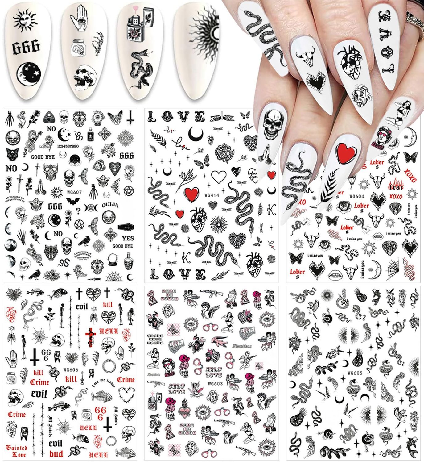 Snake Nail Art Stickers Decals Nail Art Supplies 3D Self Adhesive Nail Stickers Dark Skull Heart Cupid Angel Lips Ghost Nail Decals for Acrylic Nails Designs Manicure Tips Decoration (6 Sheets)