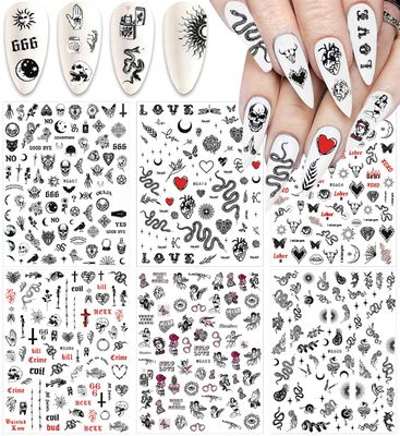 Snake Nail Art Stickers Decals Nail Art Supplies 3D Self Adhesive Nail Stickers Dark Skull Heart Cupid Angel Lips Ghost Nail Decals for Acrylic Nails Designs Manicure Tips Decoration (6 Sheets)