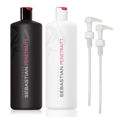Sebastian Professional Penetraitt Shampoo &amp; Conditioner Duo Set | 33.8 Fl Oz Liter Bottles Prepack with Pumps Included | Strengthening &amp; Deep Repair | For Dry, Damaged, &amp; Colored Hair