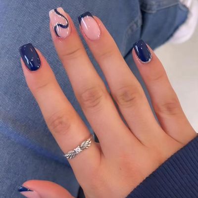 Short Square Press on Nails MABKJLF French Tip Fake Nails Full Cover Dark Blue False Nails with Swirl Designs Glitter Glossy Glue on Nails Acrylic Nails Manicure Artificial Nails for Women Girls 24Pcs