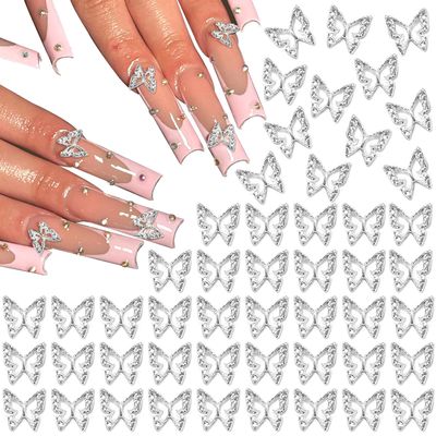 RODAKY 50PCS Butterfly Nail Charms 3D Silver Butterflies Charms for Nails Alloy Butrtefly Nail Gems Nail Decoration for Manicure DIY Design Silver Nail Art Accessories
