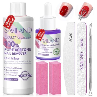 SAVILAND 100 Acetone Nail Polish Remover Kit: Ultra-Powerful Gel Remover with Cuticle Oil Rich in Castor Oil &amp; VE for Repairing Nail, Nail File Buffer Tools for Dip Acrylic Remove Home Salon 8.45 Oz
