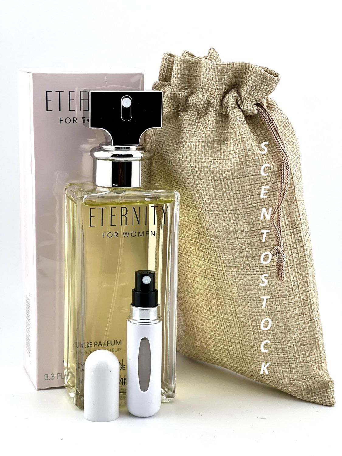 Bundle- Eternity Perfume for Women 3.3 fl oz Eau de Parfum with Bag &amp; Mini Refillable Atomiser