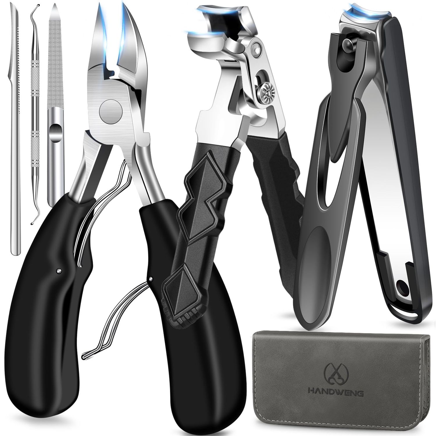 Toe Nail Clippers for Thick Toenails for Seniors, Angled Head Large Toenail Clippers for Men, Heavy Duty Fingernail Clipper with Catcher, Ultra Sharp Big Nail Cutters Set with Long Handle, Wide Jaw