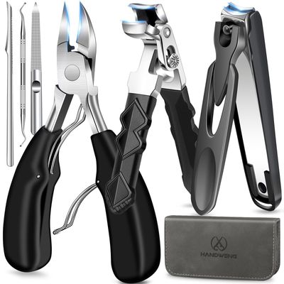 Toe Nail Clippers for Thick Toenails for Seniors, Angled Head Large Toenail Clippers for Men, Heavy Duty Fingernail Clipper with Catcher, Ultra Sharp Big Nail Cutters Set with Long Handle, Wide Jaw