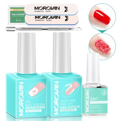 Morovan Gel Nail Polish Remover Kit: Gel Polish Remover with Liquid Latex Tape Nail Strengthener Nail Tools Quick Remove Gel Nail Polish in 3-5 Minutes No Need to Warp &amp; Soak