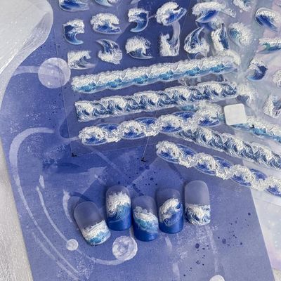 3Sheets Ocean Wave Nail Art Stickers, Blue and White Design, Water Pattern Nail Decals