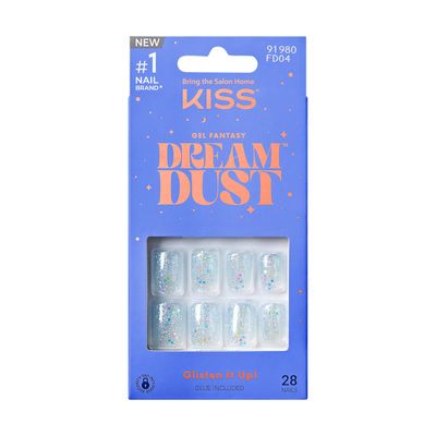 KISS Gel Fantasy Dreamdust, Press-On Nails, Nail glue included, Champagnes, Light Blue, Short Size, Squoval Shape, Includes 28 Nails, 2G Glue, 1 Manicure Stick, 1 Mini File