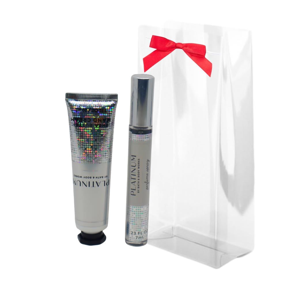Bath &amp; Body Works PLATINUM Eau de Toilette Mini Perfume Spray &amp; Hand Cream 2-piece Gift Set with a Red Bow for Holidays