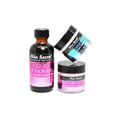 Mia Secret SECRET 2oz LIQUID MONOMER 1oz CLEAR 1oz PINK ACRYLIC POWDER NAIL ART