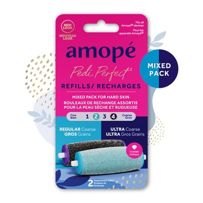 Amope Pedi Perfect Electric Callus Remover Foot File Roller Head Refills, with Diamond Crystals, Removes Hard & Dead Skin, Mixed Pack for Hard Skin, 1 Regular Coarse & 1 Ultra Coarse Refill - 2 Count