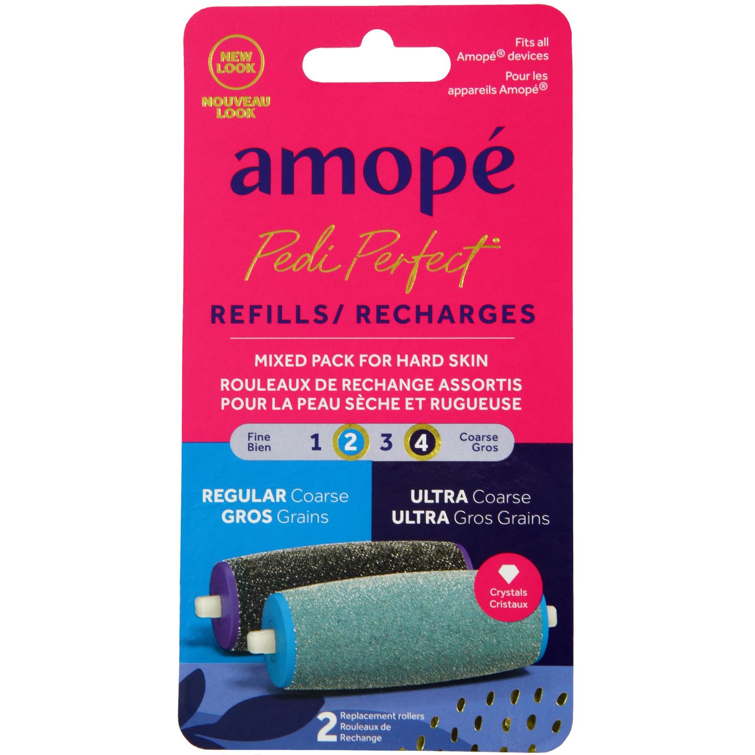 Amope Pedi Perfect Electric Callus Remover Foot File Roller Head Refills, with Diamond Crystals, Removes Hard &amp; Dead Skin, Mixed Pack for Hard Skin, 1 Regular Coarse &amp; 1 Ultra Coarse Refill - 2 Count