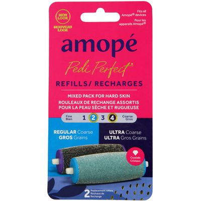 Amope Pedi Perfect Electric Callus Remover Foot File Roller Head Refills, with Diamond Crystals, Removes Hard &amp; Dead Skin, Mixed Pack for Hard Skin, 1 Regular Coarse &amp; 1 Ultra Coarse Refill - 2 Count