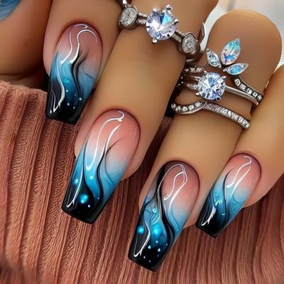 24 Pcs Blue Ombre Press on Nails Square Medium Coffin Fake Nails with Black Flame Designs ZWENJIE Nude False Nails Glossy Stick on Nails Full Cover Spring Press on Nails for Women Girl