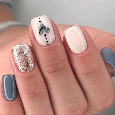 MISUD Short Square Press on Nails Squoval Fake Nails Glossy Glue on Nails Gray Blue Acrylic Nails Bling Glitter Artificial Nails Heart Stick on White False Nails with Eye Design 24 pcs