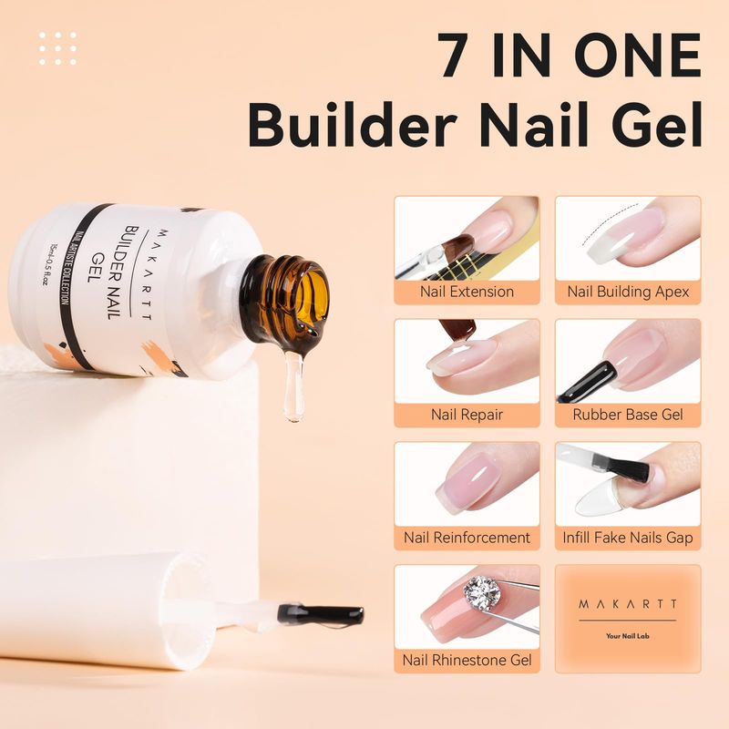Makartt Clear Builder Nail Gel, 7 in 1 Gel Nail Polish Rubber Base Coat Hard UV Light Strengthener Extension Thickening Rhinestone Soak Off Builder for Broken Nails Repair, 1 Bottle 15ml