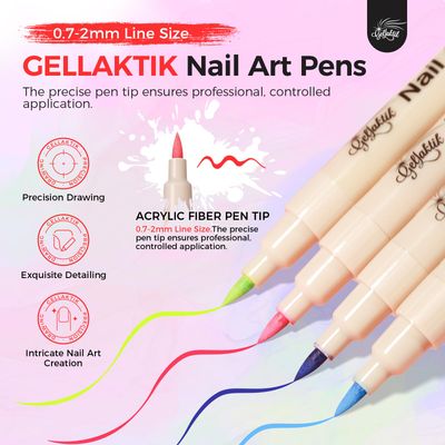 GELLAKTIK 12 Colors Nail Art Pens Set, 3D Nail Color Pens, Quick-Drying Acrylic Paint Markers, Dotting Liner Brush for DIY Nail Design, Home & Salon Manicure Tools