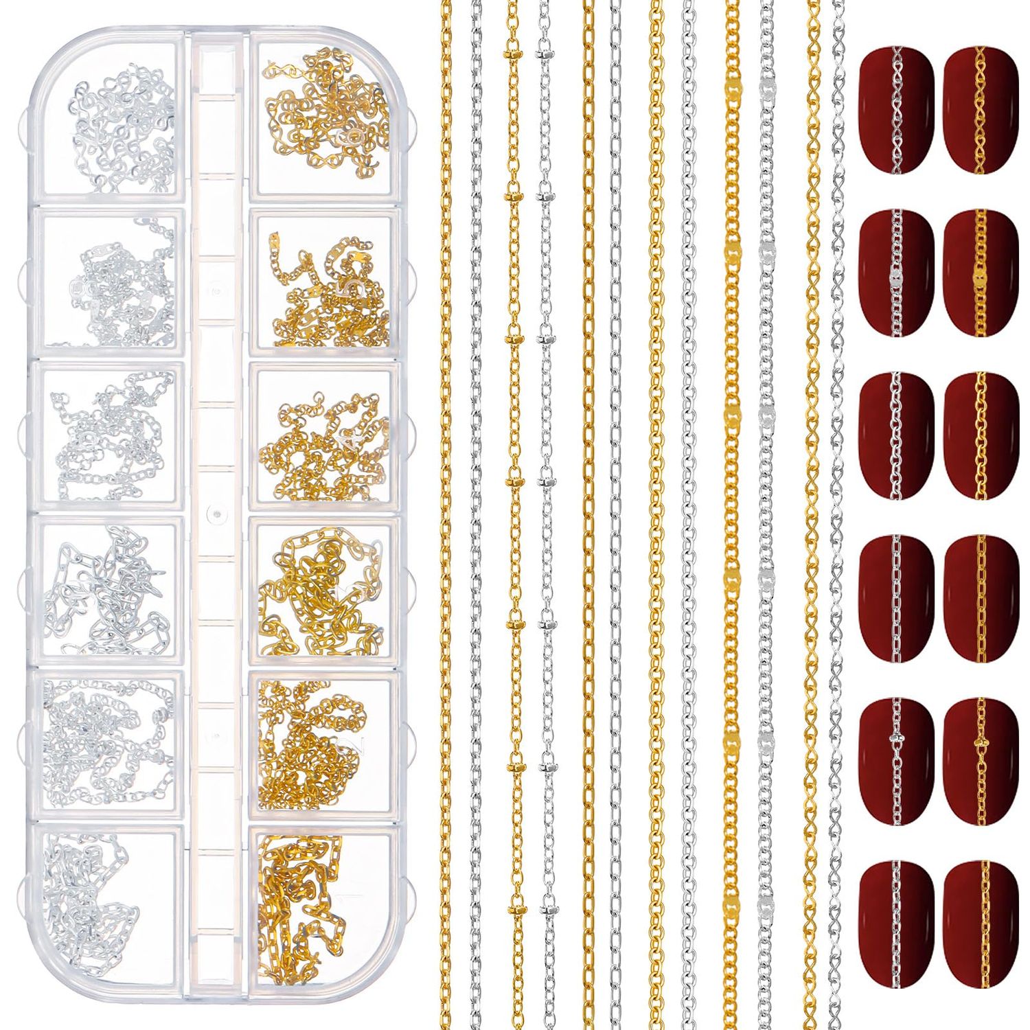 12 Strips Metal Nail Art Chains Gold &amp; Silver Nails Decorations with Box Stainless Steel Nails Accessories Nail Jewelry Chains for Manicure Decoration &amp; DIY11 Inch