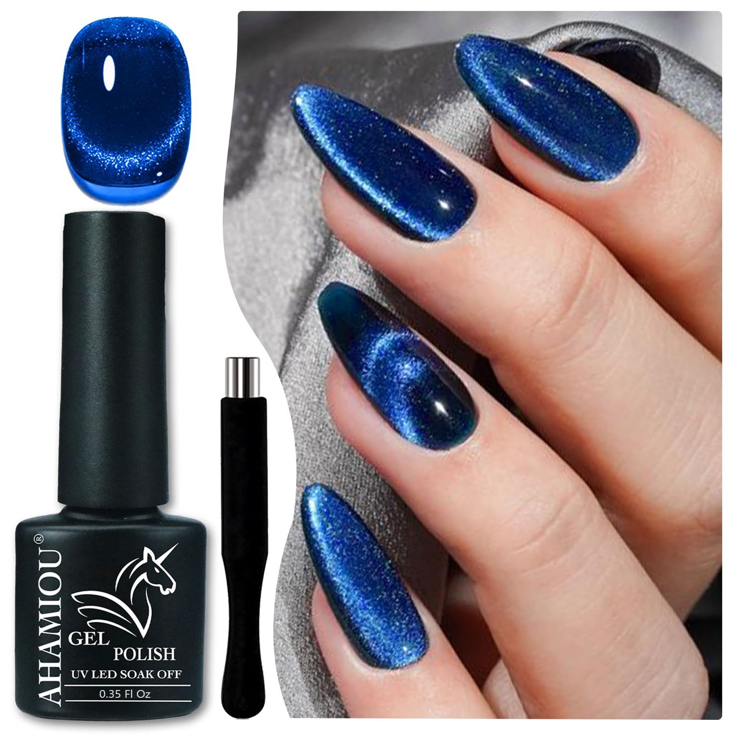 AHAMIOU Nail Polish Cat Eye Gel Polish Crimson Summer Nail Lacquer in Vibrant Colors for DIY Nail Art 0.35 fl oz UV/LED Gel with Magnet Stick (Dark Blue, 10ML/0.35 Fl Oz)