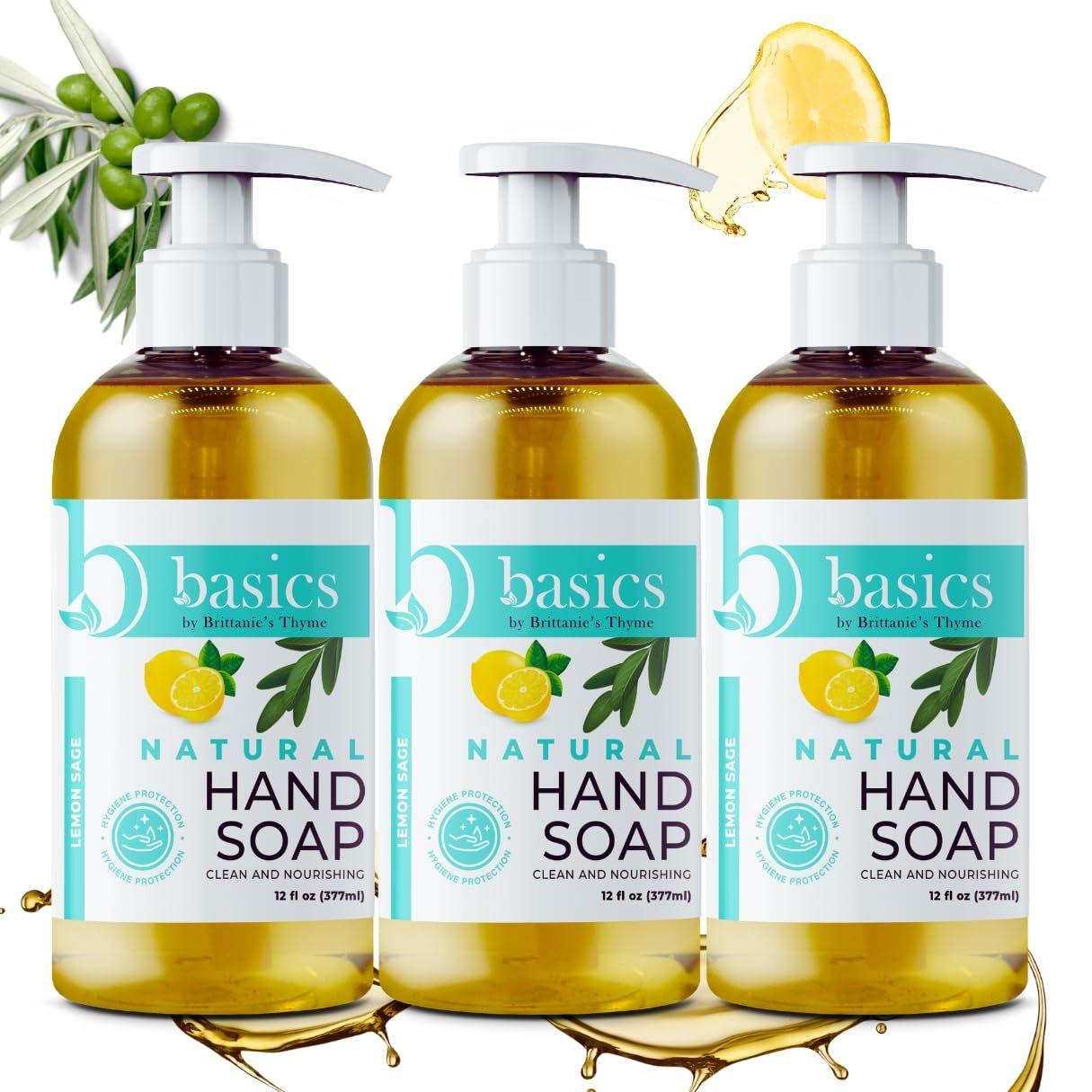 Brittanies Thyme Basics Natural Olive Oil Hand Soap, Lemon Sage - 12 fl oz, Pack of 3 - Cruelty Free, Vegan, No Synthetic Additives, No Sulfates, Paraben Free, Phthalate Free