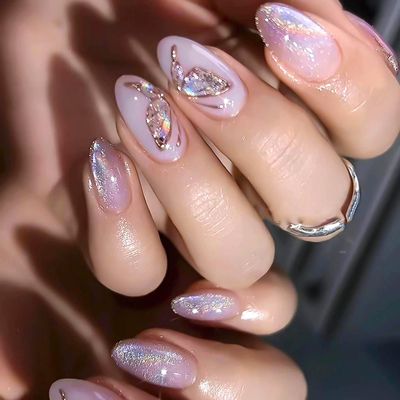 RUOKEXIN Almond Press on Nails Medium Fake Nails Purple False Nails with 3D Gold Butterfly Designs Glitter Full Cover Acrylic Artificial Nails Glossy Glue on Nails Natural Stick on Nails for Women