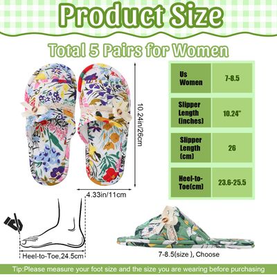 Chuarry 5 Pairs Floral Cotton House Slippers for Women, Soft Open Toe Indoor Spa Slippers for Guests Non Slip Washable Comfortable Portable Shoes for Hotel Travel Bedroom Airplane Party