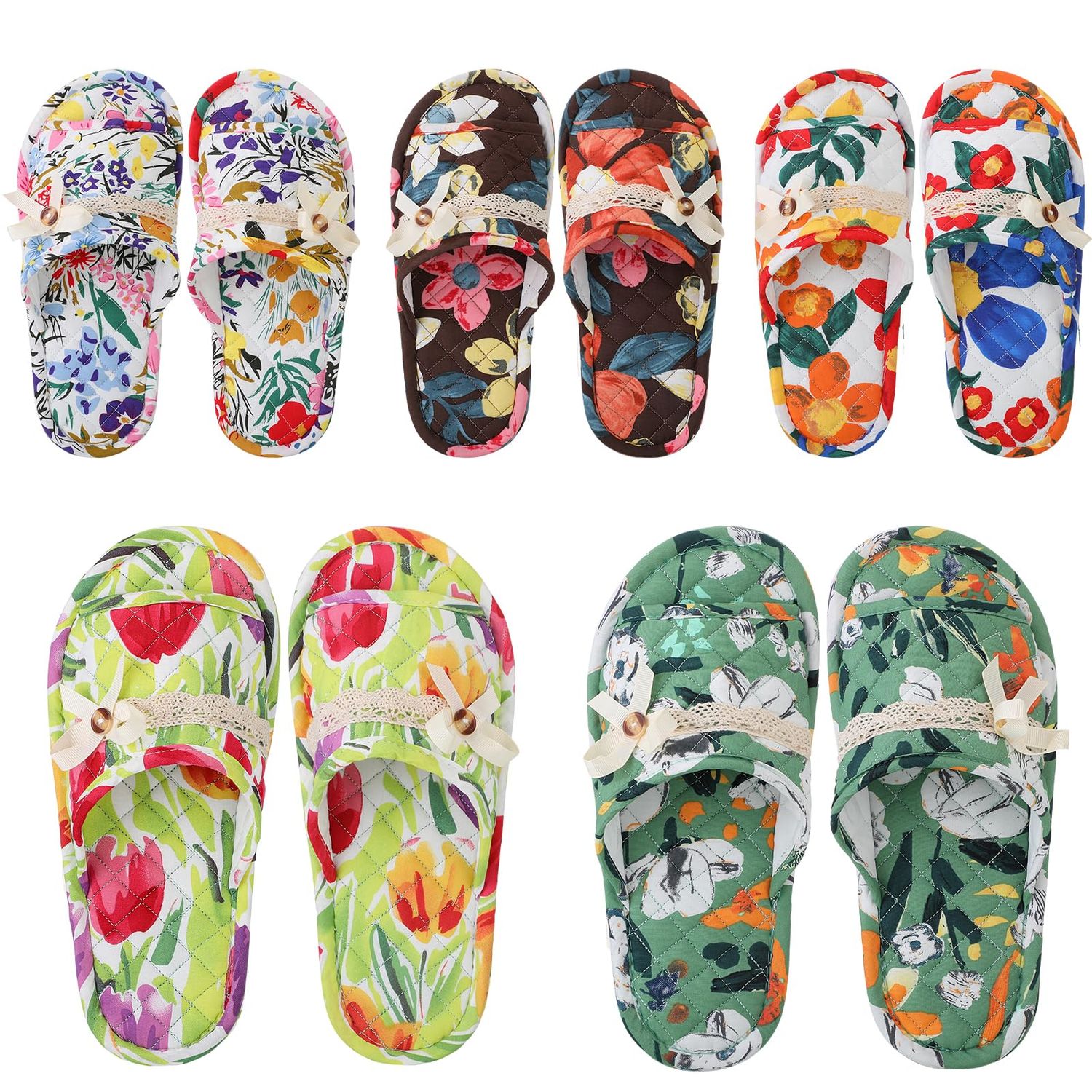 Chuarry 5 Pairs Floral Cotton House Slippers for Women, Soft Open Toe Indoor Spa Slippers for Guests Non Slip Washable Comfortable Portable Shoes for Hotel Travel Bedroom Airplane Party