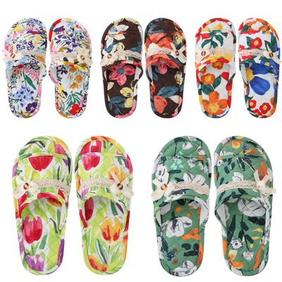 Chuarry 5 Pairs Floral Cotton House Slippers for Women, Soft Open Toe Indoor Spa Slippers for Guests Non Slip Washable Comfortable Portable Shoes for Hotel Travel Bedroom Airplane Party