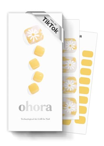ohora Semi Cured Gel Nail Strips (P Sun Daisy) - Yellow, Patterned, Works with UV/LED Lamps, Salon-Quality, Long Lasting, Easy to Apply &amp; Remove - Includes 2 Prep Pads, Nail File &amp; Wooden Stick