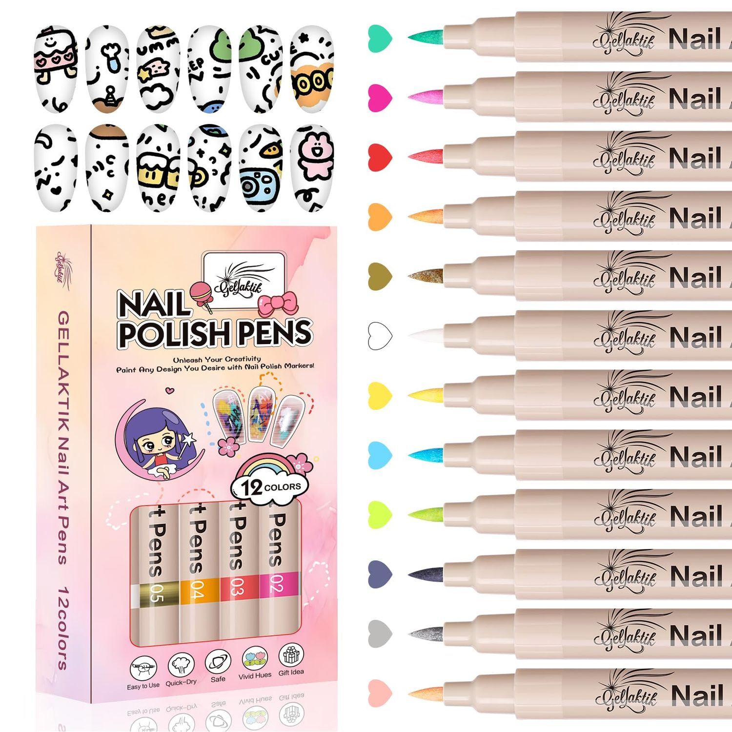 GELLAKTIK 12 Colors Nail Art Pens Set, 3D Nail Color Pens, Quick-Drying Acrylic Paint Markers, Dotting Liner Brush for DIY Nail Design, Home &amp; Salon Manicure Tools
